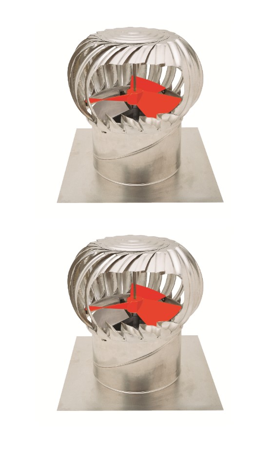 Superflow cutaway showing the red internal three-blade fan, turbine head, varipitch base and roof flashing