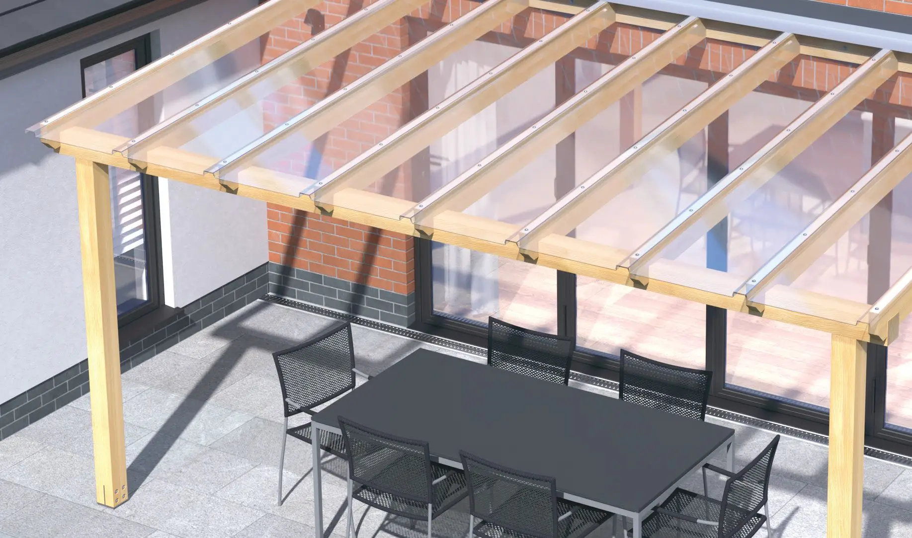 PolyGlaze roofing fitted directly over timber rafters above a patio dining area