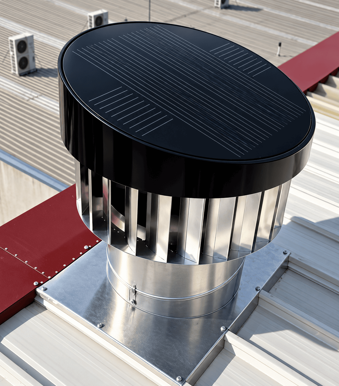iSwirl 450 industrial roof ventilator with an integrated solar panel, installed on a metal roof